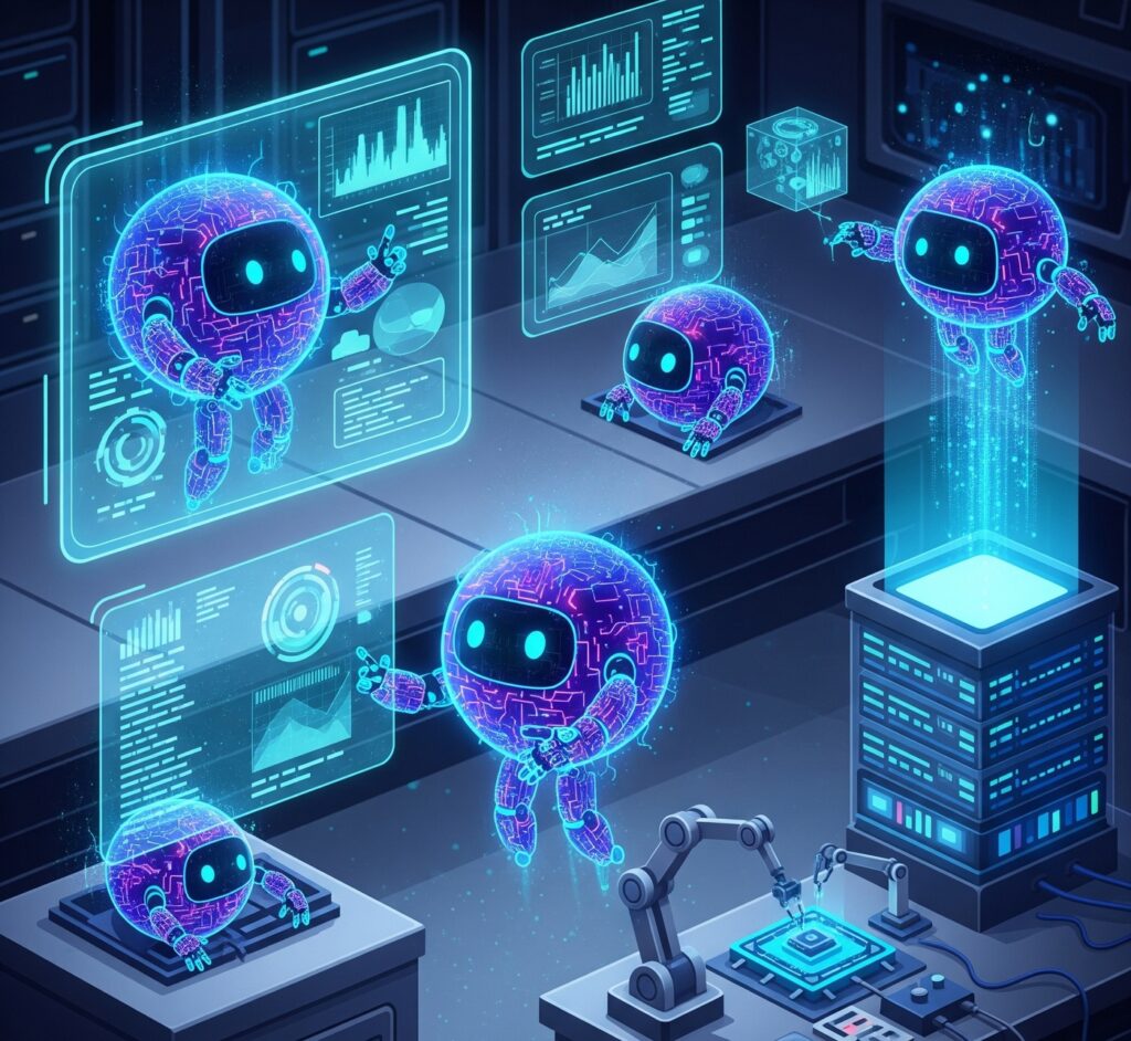 Four glowing, spherical AI agents with circuits, working on computer systems and data in a futuristic lab.