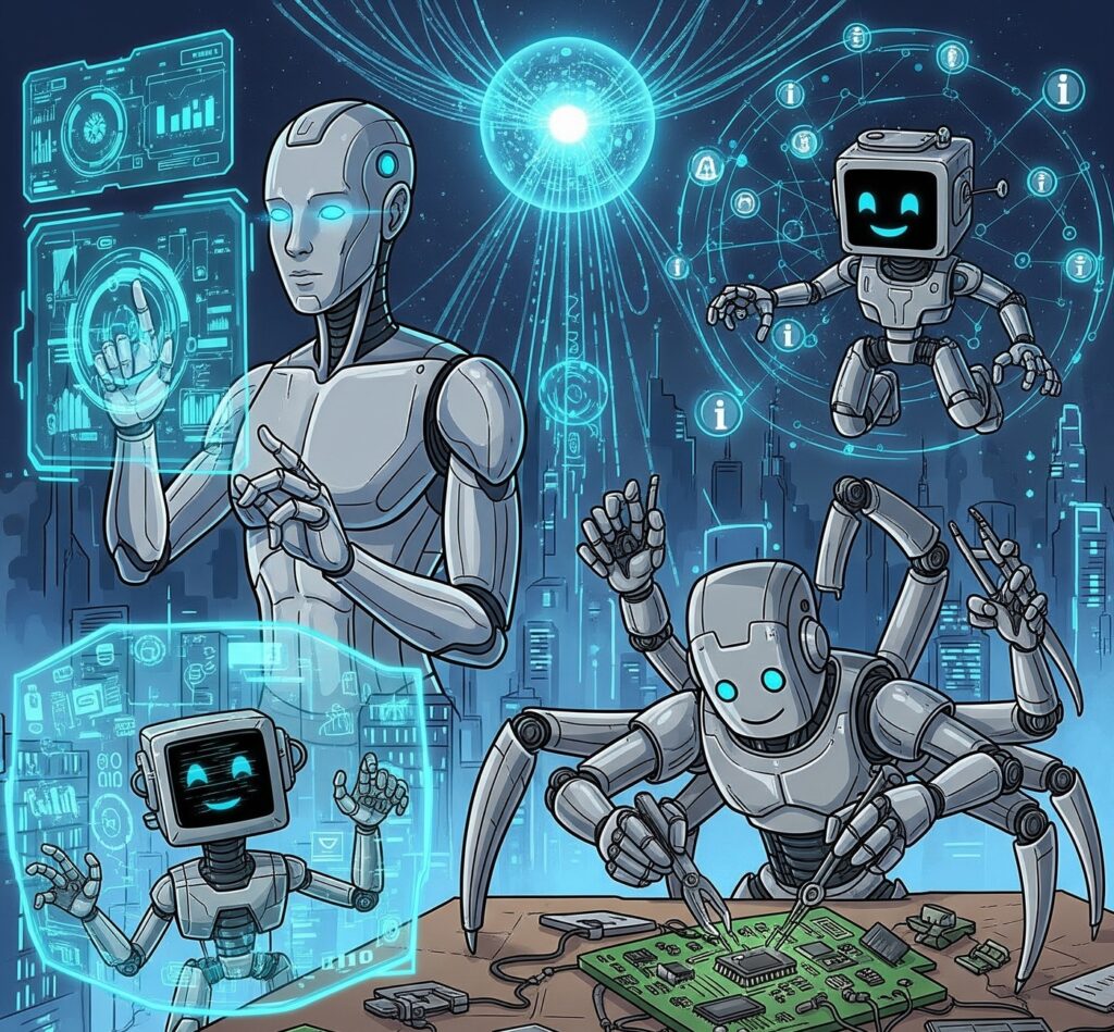 AI agents in action: robotics assembly, data analysis, and process automation.