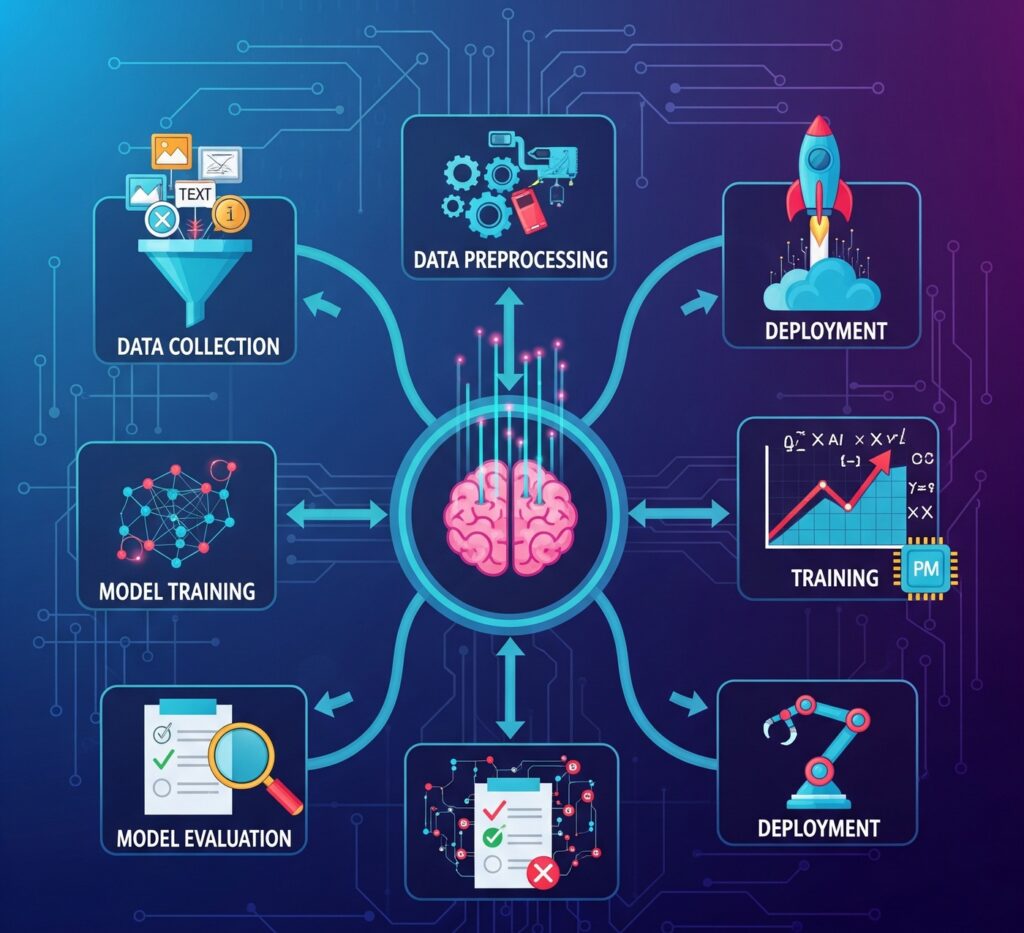 Machine learning lifecycle: data collection, preprocessing, model training, evaluation, and deployment.