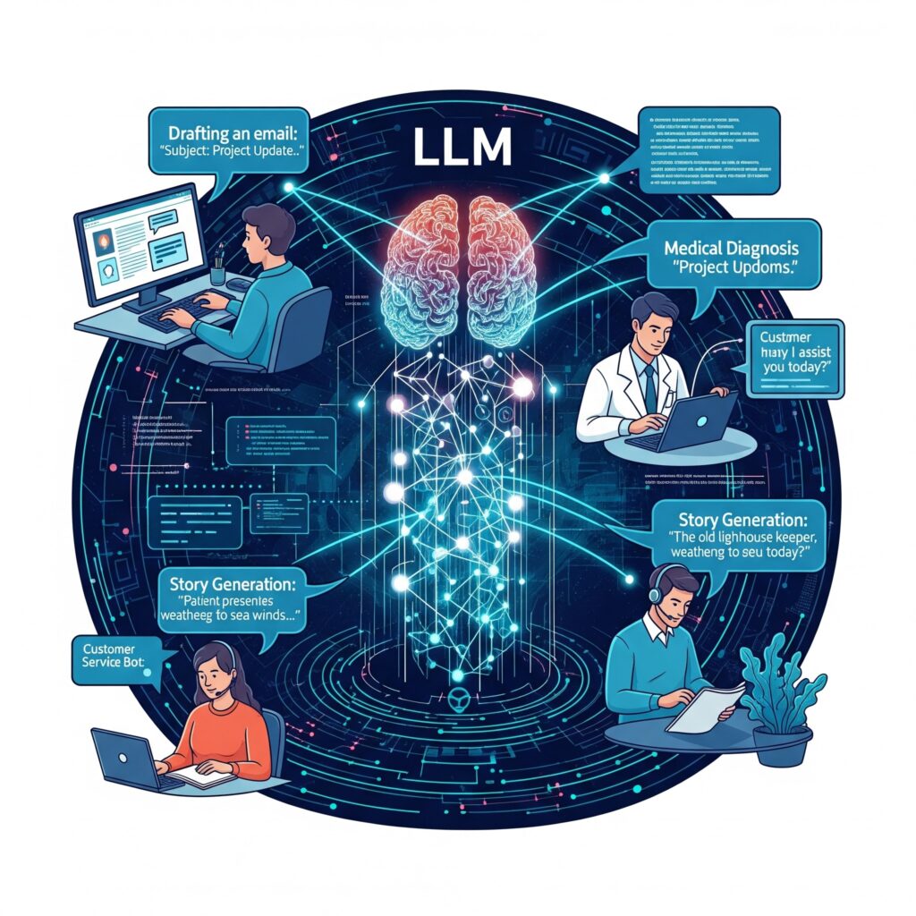 Diagram illustrating a Large Language Model (LLM) in action, showing four use cases: Drafting an email, Medical Diagnosis, Story Generation, and a Customer Service Bot.