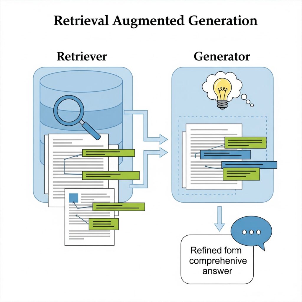 Retrieval Augmented Generation (RAG) process: retriever finds information, generator refines it into an answer.