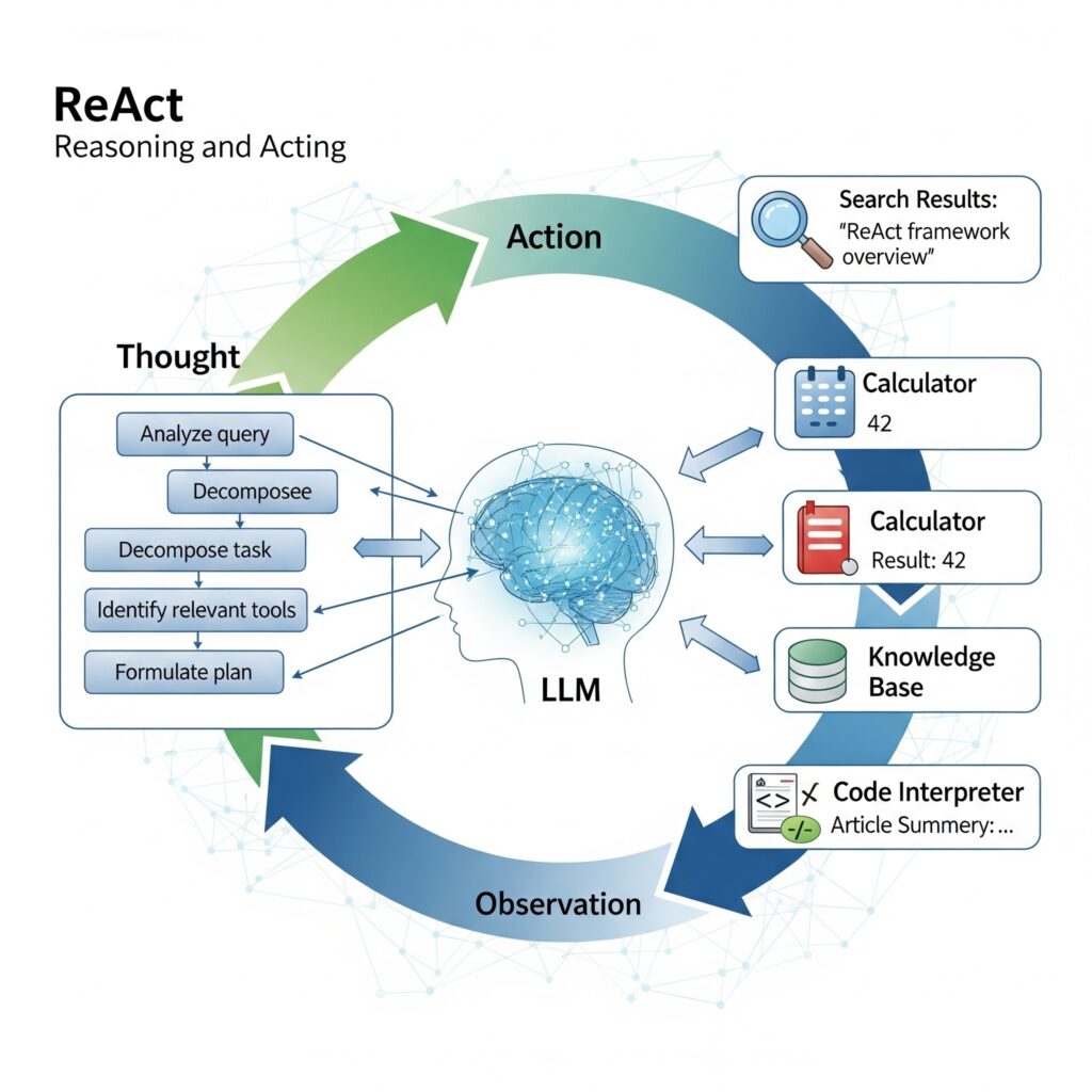 ReAct (Reasoning and Acting) AI framework diagram: AI agent's Thought, Action, Observation loop using external tools like calculator, knowledge base, and code interpreter for problem-solving.
