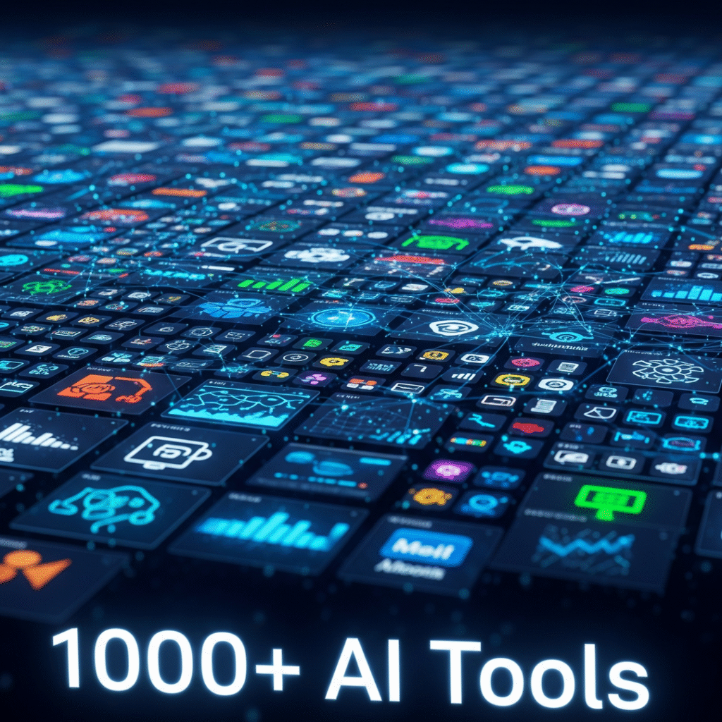 A digital illustration of a platform with hundreds of glowing icons, each representing a unique AI tool. The text "1000+ AI Tools" is prominently displayed in the foreground.