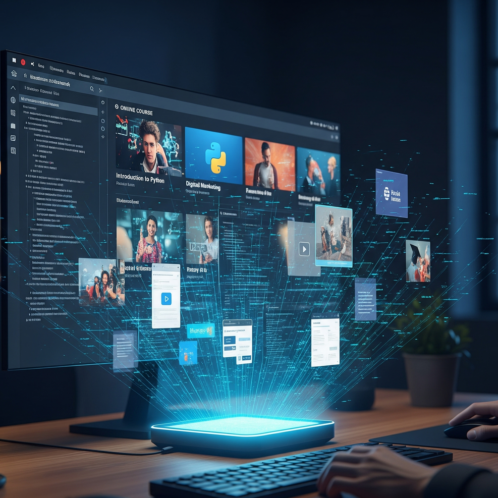 AI device projecting online course creation onto a monitor