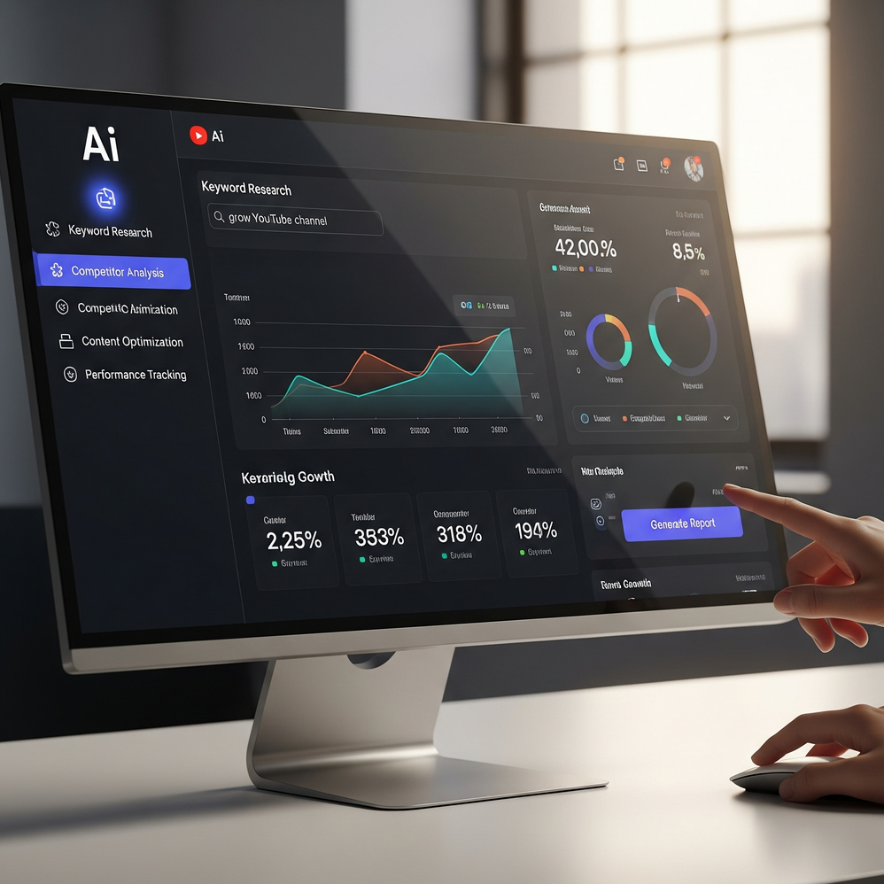 AI YouTube SEO tool interface on a desktop, showing subscriber growth, engagement, and optimization features.