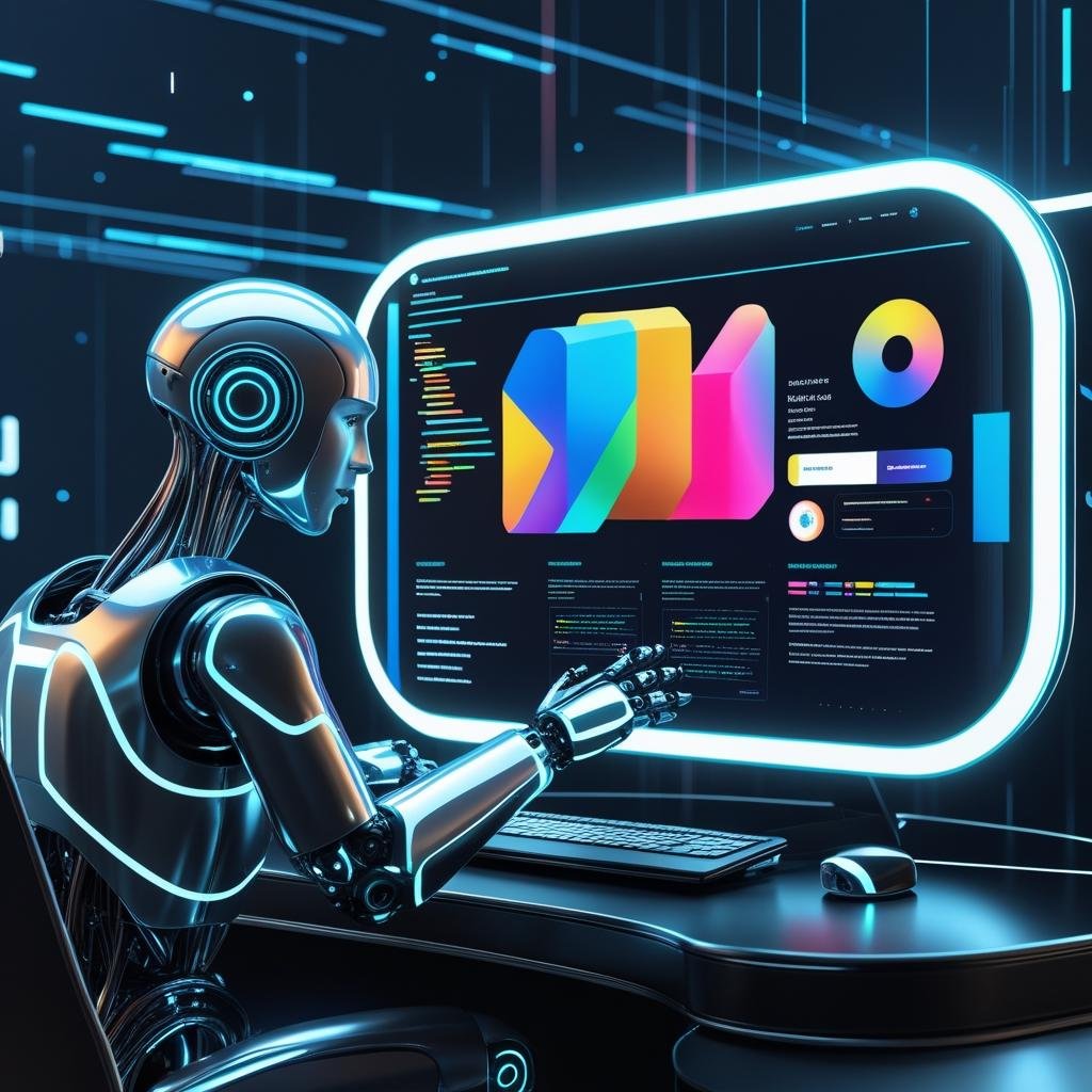 A robotic figure sits at a desk, engaging with a large computer screen displaying a complex dashboard of colorful data visualizations and code in a futuristic setting.