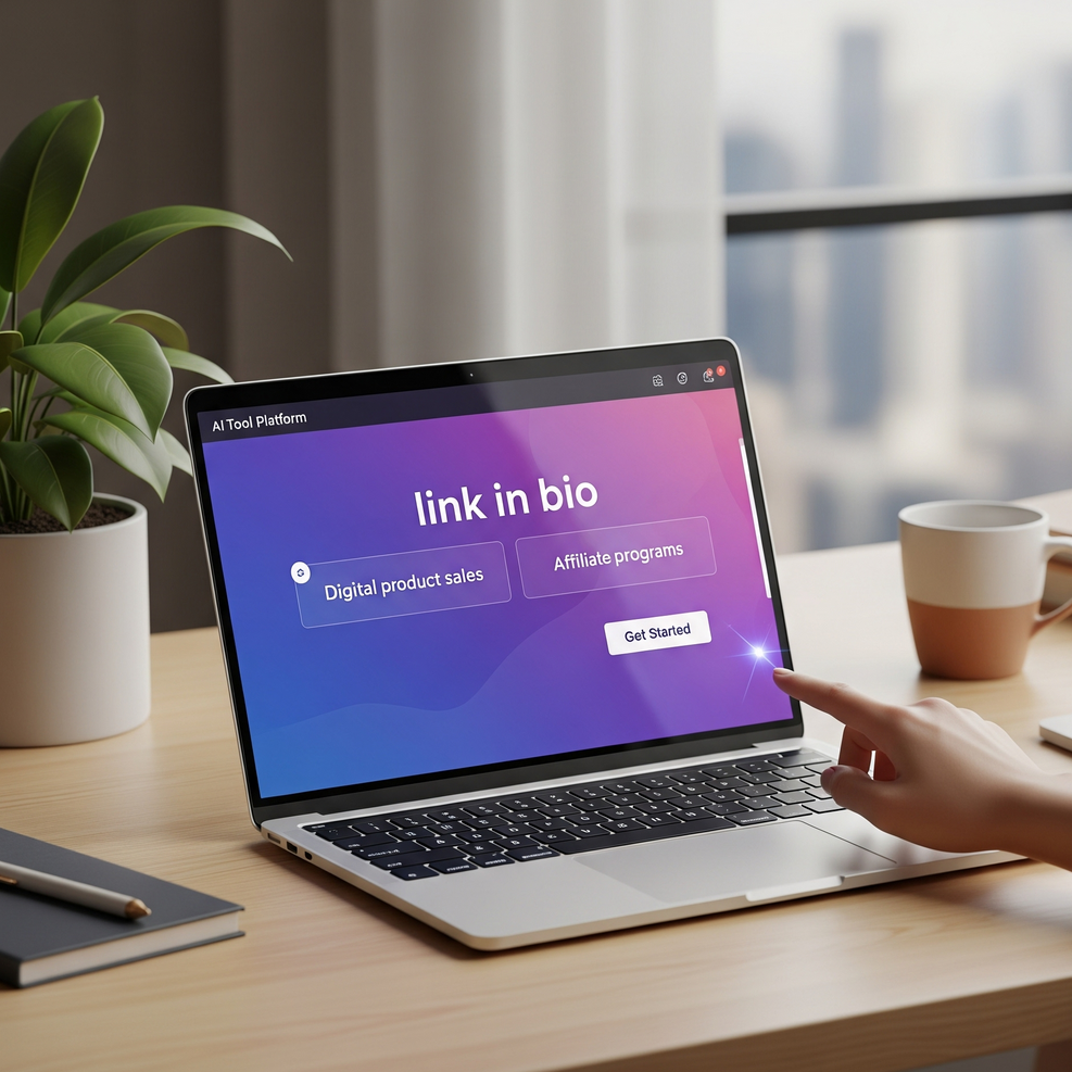 AI tool platform: link in bio, digital product sales, affiliate programs on laptop in modern office