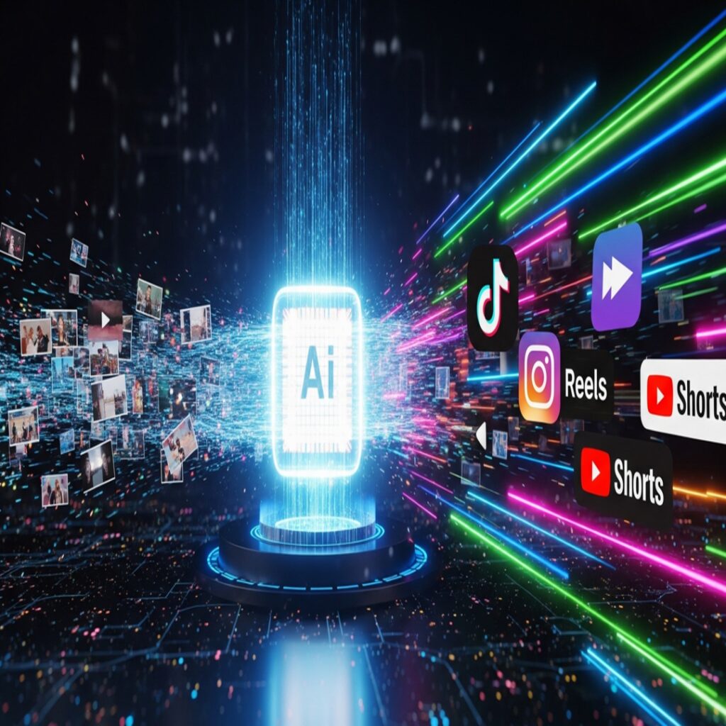 A glowing AI icon generating various short-form video content and social media platform logos.
