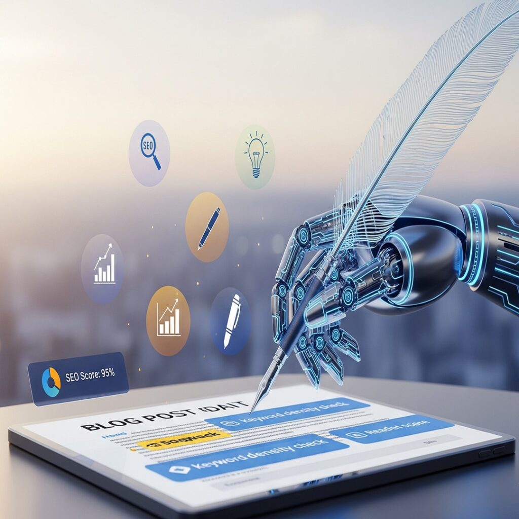 A modern robotic arm with glowing blue circuits holding a quill-like pen over a tablet. The tablet shows a blog post with highlighted SEO keywords and a pop-up box with an "SEO Score: 95%." Floating icons for a magnifying glass, a lightbulb, a pen, and a bar chart surround the tablet, symbolizing the tool's capabilities. A city skyline at sunrise is visible in the blurred background
