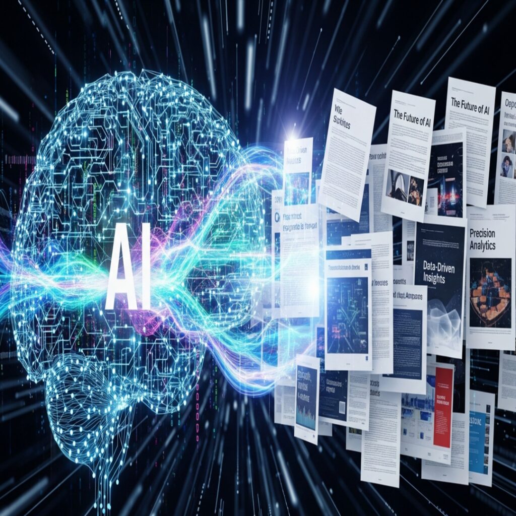 A stylized digital brain with data flowing into it, generating articles and reports.