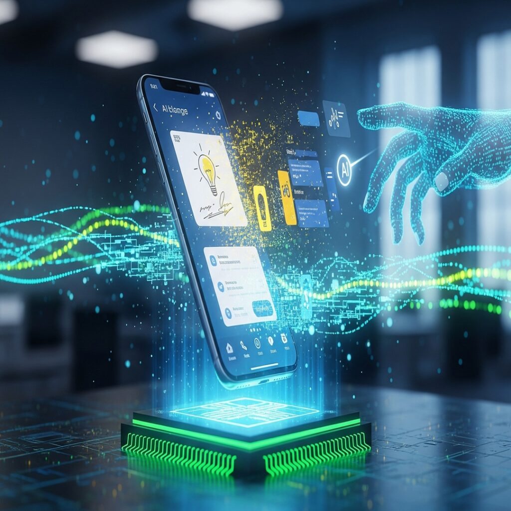 A modern smartphone levitating above a glowing, green circuit board. The phone's screen displays a mind map with a lightbulb icon, and this idea is rapidly transforming into a fully functional app interface. Blue and green data streams and abstract code lines swirl around the phone, and a futuristic digital hand is reaching towards it.