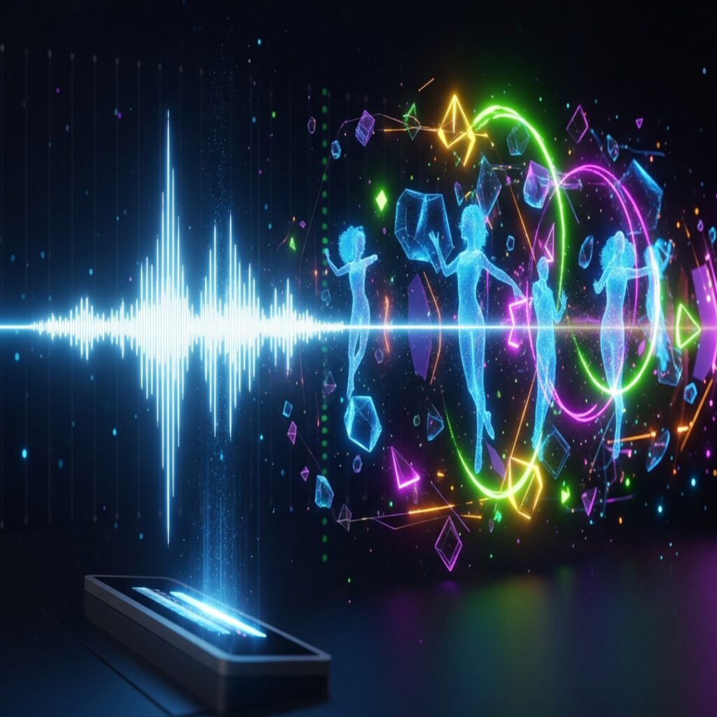 A dynamic sound wave transforming into a glowing music video with holographic dancers and neon shapes.