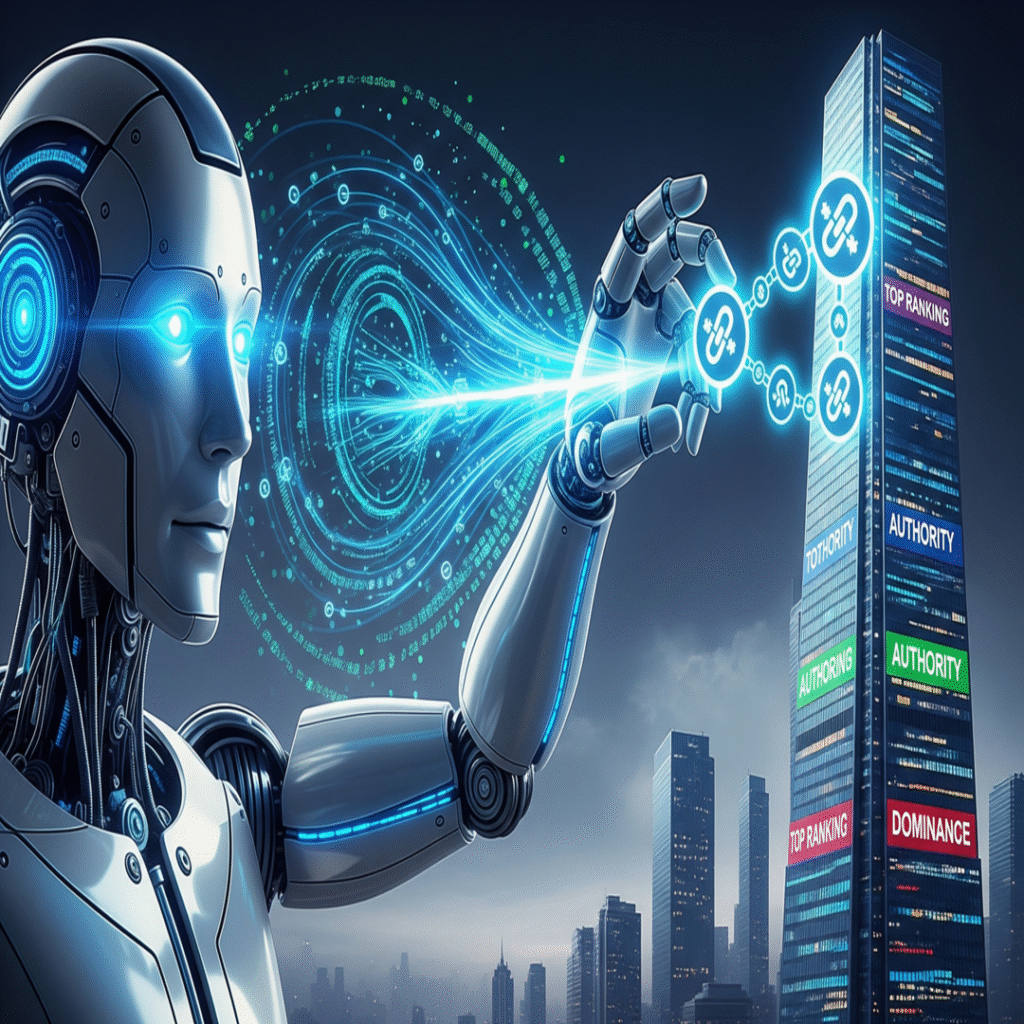 A sophisticated AI robot extending a hand with glowing blue energy towards a towering city skyscraper, symbolizing top search engine rankings and backlink authority. The robot's eyes also glow blue, and digital data streams emanate from its head. The skyscraper has "TOP RANKING," "AUTHORITY," and "DOMINANCE" brightly lit on its side. Blue glowing link icons connect the robot's hand to the building.