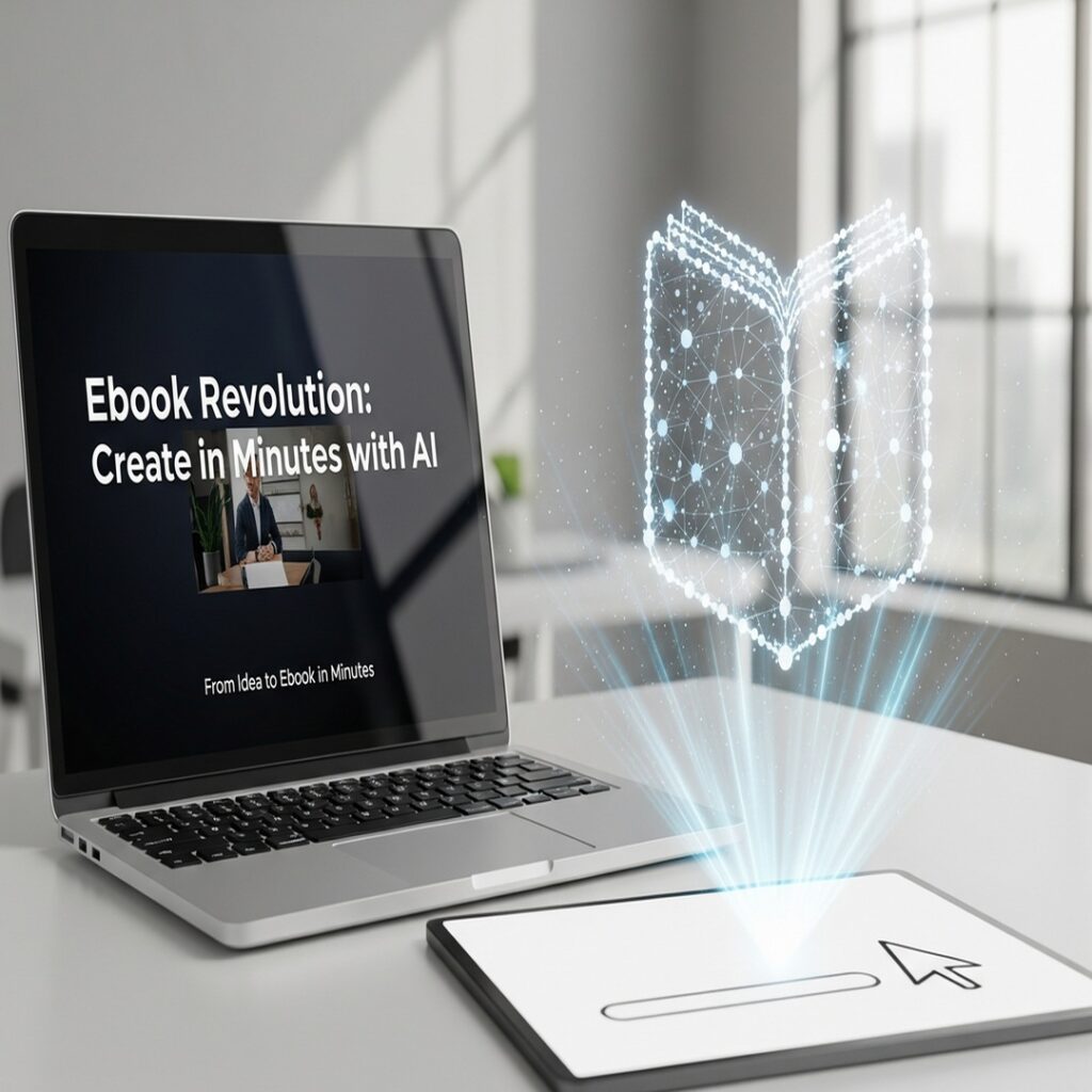 An open laptop displaying an ebook cover with the title "Ebook Revolution: Create in Minutes with AI" and a smaller tag line that says "From Idea to Ebook in Minutes". A glowing, wireframe-like book icon rises from a tablet on the desk. The desk is in a modern, well-lit office.