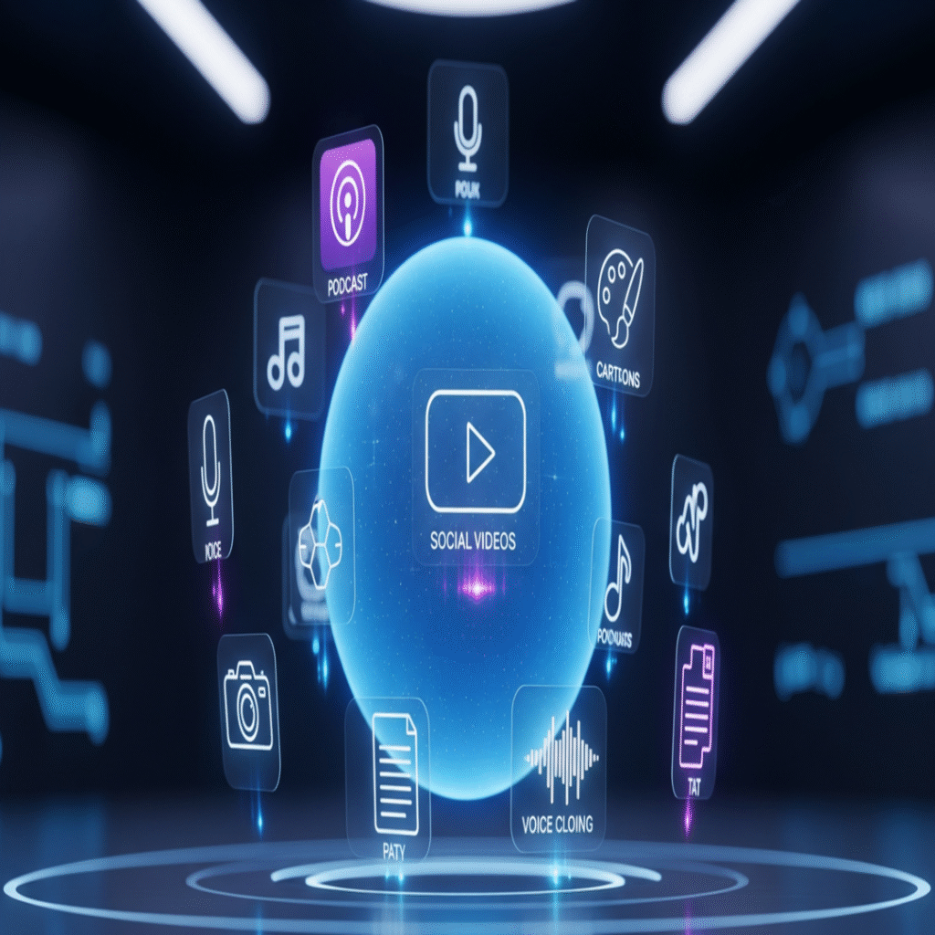 A glowing sphere representing an AI hub with floating holographic icons for podcasts, videos, and cartoons.